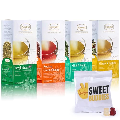 Ronnefeldt Tee Premium Kräuter Tee Probierset 4er Mix – Bergkräuter (Bio), Ginger & Lemon, Mint & Fresh & Rooibos Cream Orange – 4 Teeboxen mit Kräutertee & Pfefferminztee + Fruchtgummis (10g)