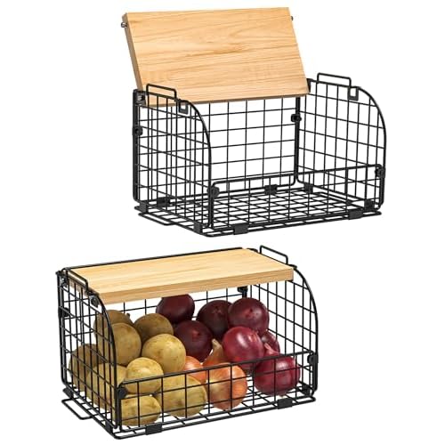 2 Set Stackable Wire Basket with Openable Top, Kitchen Counter, Pantry Organizer and Storage Produce Onion Potato Fruits Vegs Bread Food Snack Spice Organizing Bin for Cabinet Shelf Countertop Floor