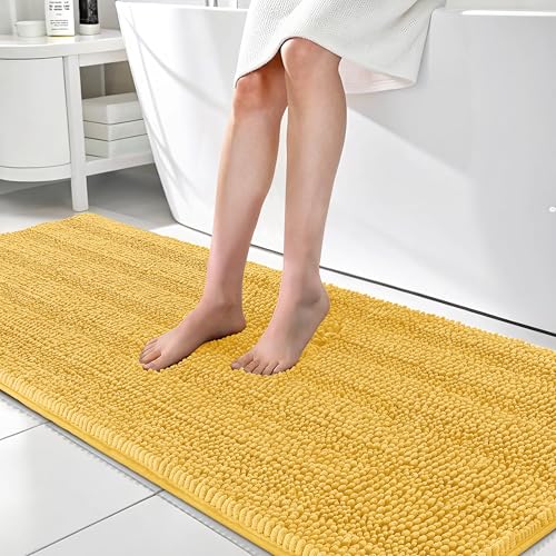 Image of OLANLY Thick Bathroom Runner Rugs 70x24, Absorbent Chenille Striped Bath Rugs, Rubber Backing, Machine Wash Dry, Extra Long Bath Mats for Bathroom Floor, Tub and Shower, Home Decor Accessories, Yellow