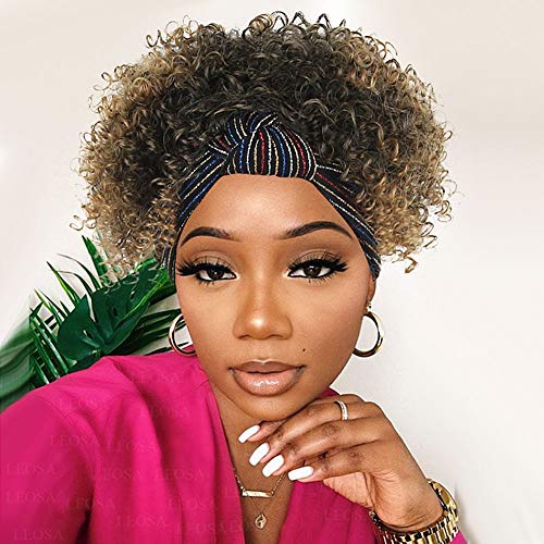 LESOA Kinky Curly Headband Wig for Black Women,Short Brown Afro Head Wrap Short Curly Wigs For Black Women Synthetic Jerry Curly Hair Wigs with Headwraps Curly Full Wigs Heat Resistant Hair