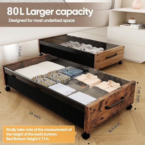 Under Bed Storage with Wheels, 2 Packs Wooden Storage Containers Extra Large Underbed Shoes Organizer, Rolling Under Bed Storage Drawers with Clear Lid, Heavy Duty for Clothes Toys 36"L (Walnut)
