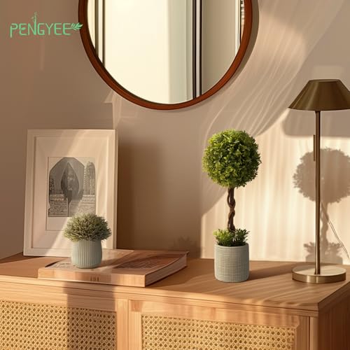 Pengyee 028 3Pcs Fake Plants 14.57 Inch, Artificial Boxwood Topiary Ball Tree In Cement Planter thumb #5