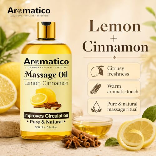 Image of AROMATICO Lemon & Cinnamon Warm Massage Oil - Ideal for Hot Oil Massage | Body Massage Oil with Almond & Jojoba for Full Body Relaxation | 300ml