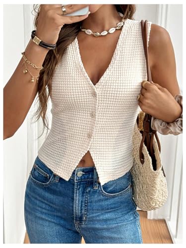 Image of GORGLITTER Women's Sleeveless Knit Sweater Vest Top Dressy Trendy Business Casual Button Up Work Blazer Vests Waistcoat Apricot Medium