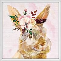 SIGNWIN Framed Canvas Wall Art Nursery Rabbit Bunny with Pink, Orange, White Flowers Animals Wildlife Watercolor Impressionism Modern Portrait Fun for Living Room, Bedroom, Office - 16