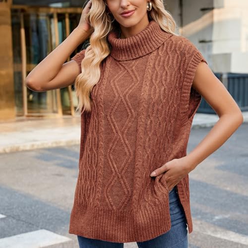 Image of Blostirno Women's Turtleneck Sweater Vest Sleeveless Ribbed Solid Knitted Pullover Sweaters Tops