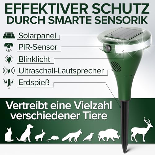 GRUNDIG perfekte Ultraschall Abwehr gegen Katzen und Hunde im Garten - 360 Grad Katzenschreck Hundeschreck Bewegungsmelder mit 8 Blitzlichtern, 2 Frequenzbändern, Solar, Akku, IP44 wasserdicht (Grün)