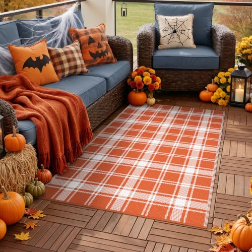 Image of GENIMO Fall Decor Outdoor Rug 3'x5' for Porch Plastic Door Mat Orange Plaid | Waterproof Outside Modern Carpet for Patio Decor, Balcony, Porch, Deck, Backyard, Picnic, Camping, RV, Reversible
