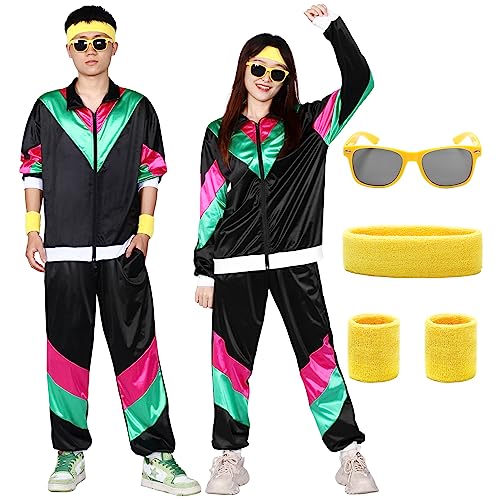 Ficlwigkis Disfraz años 80 Hombre Mujer Carnaval con Chaqueta Pantalón Gafas,Disfraz Adulto Hombre Mujer Años 80 90 Para Carnaval y Fiesta Temática (L, Negro)