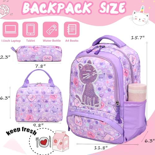 Jumpopack Cat Backpacks for Girl School Backpack for Girls Elementary Girls Backpack with Lunch Box Back to School Bag Bookbag (Sequin Cat - image 5