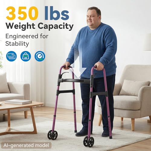 Image of Folding Walker for Seniors - Olycism Rolling Walker Lightweight Aluminum with 8 Height Adjustments One-Hand Folding 400lbs Capacity Standard Walkers for Seniors for Elderly (Purple)