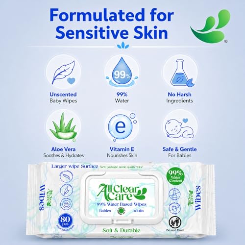 Image of All Clear Care Baby Wipes, Unscented for Sensitive Skin, Large Soft Durable & 99% Water Based, Gentle & Hypoallergenic for Babies & Adults, Vitamin E and Aloe, Flip Top Lid, 3 Pack (240 Wipes)