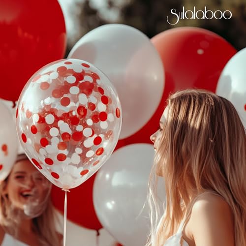Image of Metallic Red and White Balloons 12Inch 73PCS White Red Confetti Latex Balloons Shiny Helium Balloon Set for Birthday Anniversary Graduation Party Decorations
