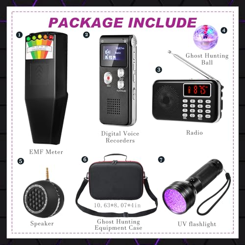 Image of Dunzy 8 Pcs Ghost Hunting Equipment Kit, Include 1 Emf Meter 1 Spirit Ghost Hunting Research Box 1 Voice Recorders 1 Flashlight 1 Speaker 2 Motion Light up Cat Balls and 1 Carry Case(Emf Meter 1)