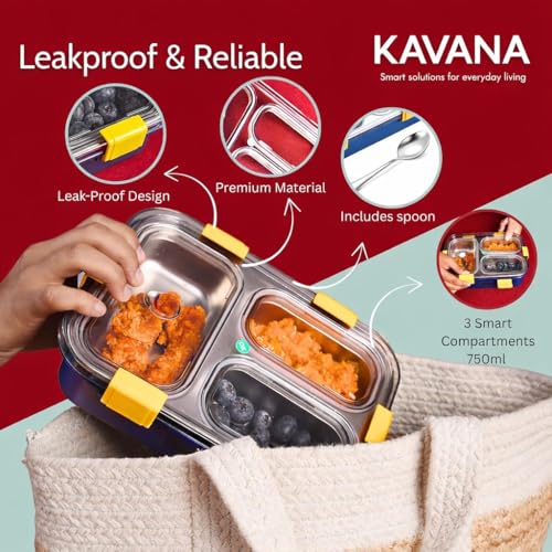Image of KAVANA Lunch Box 3 Compartment Leak-Proof BPA Free Stainless Steel, Lunch Box for Kids, Lunch Box for School & Office with a Fork, a Spoon (Blue), 750 ml (Dark Blue)