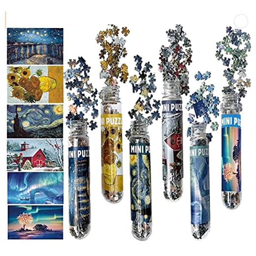 6 Pack Mini Jigsaw Puzzles 150 Pieces for Adults Challenging Starry Night,Rhone River,Sunflower,FantasyTree,ChristmasNight,Northern Lights 6 x 4 Inches