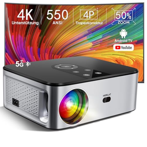 HORLAT Beamer 4K Heimkino 25000 Lumen, Full HD 1080P 【Android TV】, WiFi 6 Bluetooth Projektor, Auto/4P Trapezkorrektur 50% Zoom smart Projector für Smartphone/TV Stick