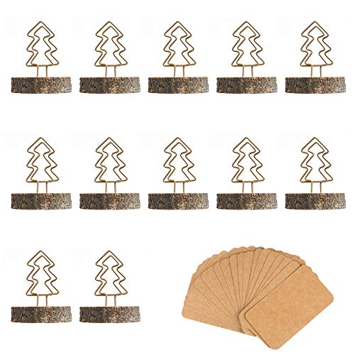 Amytalk 12Packs Wood Place Card Holders with Evergreen Tree Wire and 20Pcs Kraft Place Cards, Wooden Table Memo Photo Picture Number Sign Stands Holder for Party Wedding Anniversary Table Decoration - Thumbnail 7