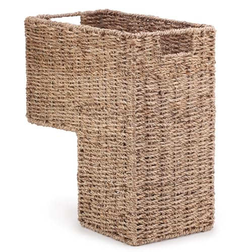 Woodluv L-Shape Woven Seagrass Large Step Basket With Inset Handles For Stairs Storage Organiser For Laundry Accessories Tidy Basket Bin For Toys Household Items Natural 38 x 20 x 40 cm