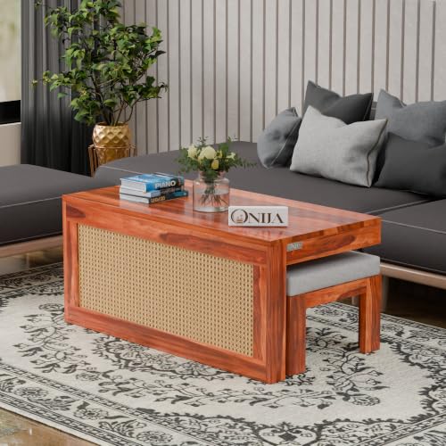 Image of ONIJA Solid Sheesham Wood Center Coffee Table with 2 Stools for Living Room Outdoor | Rosewood Centre Teapoy Tea Table with Stool for Home Office (Honey Finish)