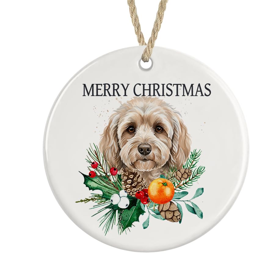Cockapoo Ceramic Ornament Merry Christmas, Christmas Tree Bauble Decoration (Cream colour)