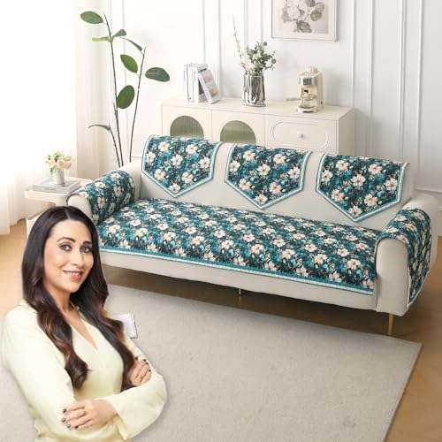HOKIPO 'Florentina Series' Foam Filled Holland Velvet Complete Sofa Cover Set (Seat+Back+Arm) for 3 Seater Sofa with Anti-Slip Backing, Pansies Teal (IN-881+876 * 2+877 * 3-V5)
