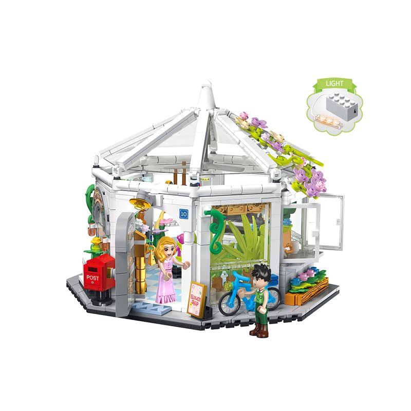 Image of SKY LINE OCEAN Dream Cottage Flower Shop Building Blocks Set - 1059+ Pieces Romantic Garden House with LED, Mini Figures, Collectible Model for Teens & Adults | 5 Year Structural Warranty