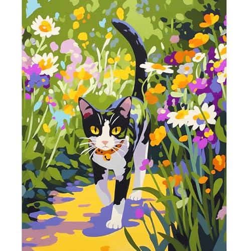 NEWENMO Gato Blanco y Negro Pintar por Numeros Adultos,Flores Coloridas Pintura por Numeros Kit,Easy Paint by Numbers Adult,con 3 Pinceles y Pigmento Acrílico,Decoración para Hogar,Sin Marco-40x50cm