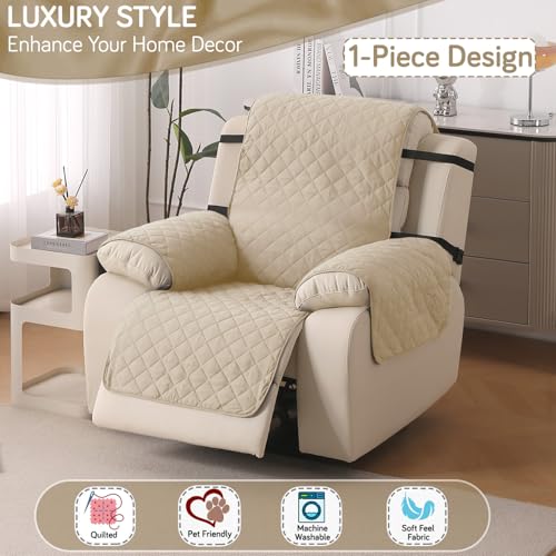 Image of HOKIPO 'UrbanQuilt' Recliner Sofa Slipcover Mat for 1 Seater | 1-Piece Design & Dual Belt Protection to Avoid Slipping of Cover, Beige (AR-6069-M2)