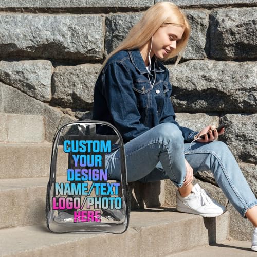 Custom Clear Backpack Personalized Transparent Bookbag with Photo Name Logo, Customized Gift for Sports Work Travel Camping 6