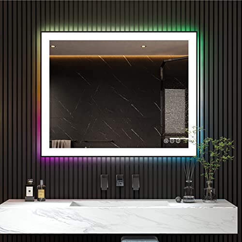 Amorho Led Bathroom Mirror 40X32 Inch, Front Light And Rgb Backlit, Color Changing Lighted Vanity Mirror For Wall, Black Framed, Dimmable, Anti-Fog, Memory, Shatterproof (Horizontal/Vertical) #TOP11
