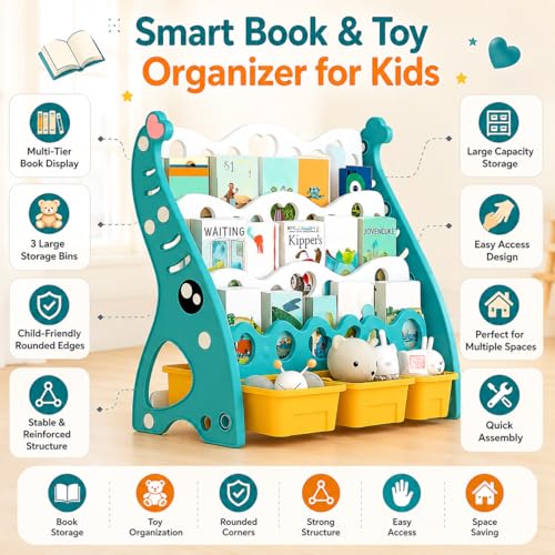 Image of Hukimoyo 2 in 1 Book Shelf Cabinet for Kids with Toy Organizers Storage Box for Home Front Facing Display Storage Bookshelf Rack for Kids, 3‑Tier Book Shelves with Storage Bin for Playroom Montessori