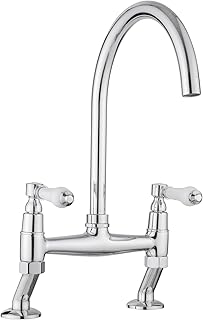 JASSFERRY Traditional Bridge Mixer Tap White Ceramic Lever Handles Deck Mounted Monobloc Classic 2 Hole Kitchen Sink Chrome Faucet with Swivel Spout
