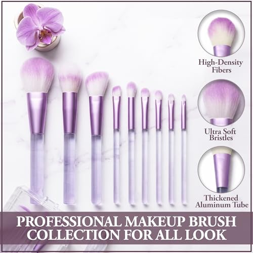 Image of GLUN 9in1 Diff Use Mini Makeup Brush Set, Travel Transparent Purple Professional Brushes for Foundation, Concealer, Blush, Highlighter & Eye Makeup