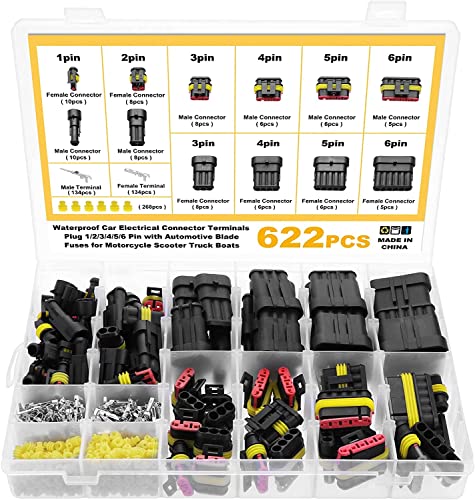 eROOSY 622 Pièces Imperméable à l'eau Connecteurs, Connecteurs Étanches pour Voiture à 1/2/3/4/5/6 Broches mâle/femelle avec fusibles à lame automobile pour Bateaux Camion Scooter Moto, 23-16AWG
