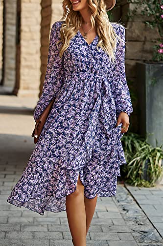 Image of PRETTYGARDEN Women's Floral Boho Dress Fall Long Sleeve Wrap V Neck Ruffle Flowy Maxi Spring Wedding Guest Vacation Dresses