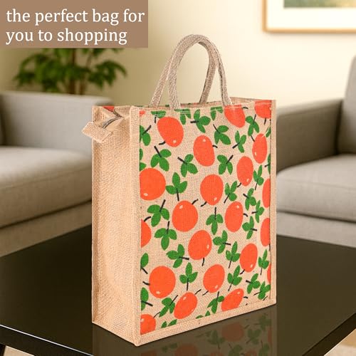 Image of Kuber Industries Jute Shopping Bag for Women with Handle | Multipurpose and Reusable Carry /Shopping Bag for Grocery | Apple Print - Brown & Red