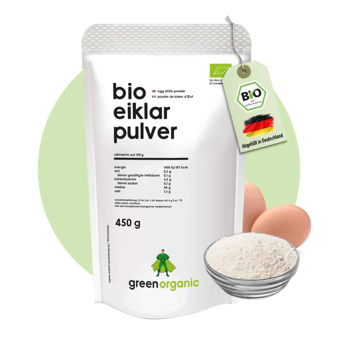 Polvo de clara de huevo orgánico GreenOrganic, 450 g, pasteurizado, secado por pulverización