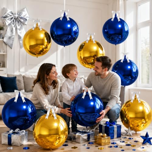 Image of 9 Pcs Blue Gold Round Foil Balloons Dark Navy Blue Metallic Gold Chrome 4D Ball Balloons 22 In Orbz Mylar Balloon for Graduation Grad Birthday Wedding Anniversary Disco Party Decorations
