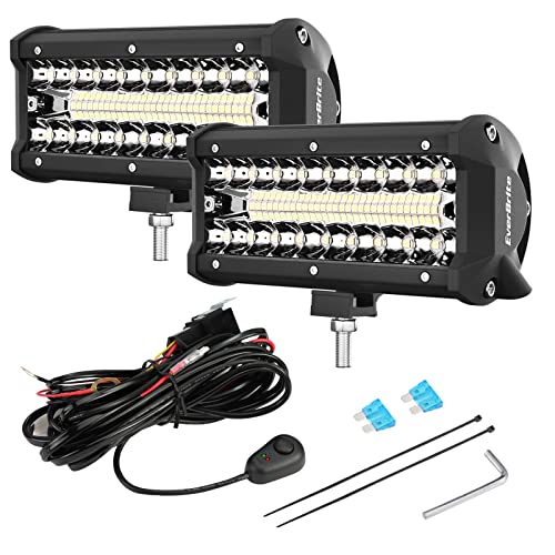 EverBrite 2PCS 7 Inch 150W Light Bar, Spot Flood Off Road Fog Driving Work Light for Truck Car ATV SUV Cabin Boat, with 16AWG Wiring Harness Kit- 2 Leads