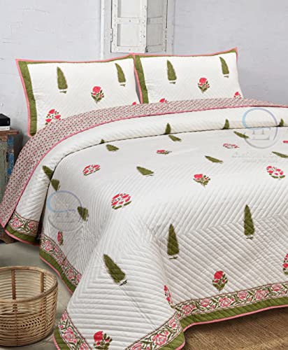 Image of 380 GSM Jaipuri Hand Block Flower and Tree Design Printed Reversible Pure Cotton Double Bed Winter and Summer Quilt Razai - King Size Red, Green, Cream and Multicolor, Rajai