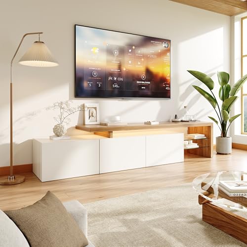 TIMORWTF Mueble de TV LED Blanco 200 cm, Mueble de TV Moderno con Iluminación LED RGB, Mueble para TV con 3 Puertas de Almacenamiento y Estantes Abiertos de Vidrio, para Salón o Dormitorio (Blanco