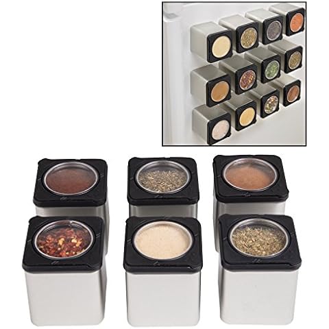 Magnetic Spice Jars - Tins Attach to Most Refrigerator Doors - Shake or Pour Containers - (Set of 6 Dispensers) Cover
