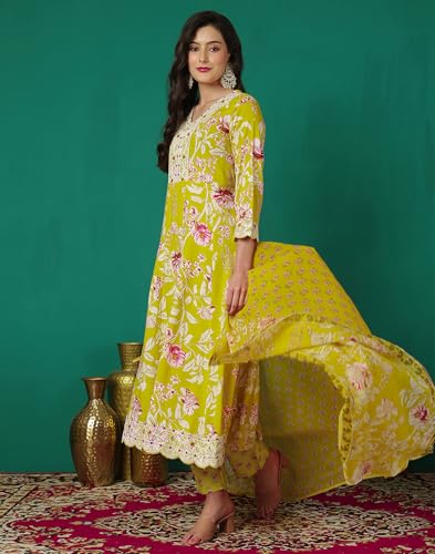 Image of SKYLEE Cotton Printed, Embroidery and Mirror Work A-Line Kurta Set with Dupatta