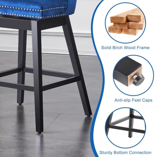 Image of Blue Swivel Bar Stools, Velvet Counter Height Bar Stools Set of 3 | 360 Swivel Bar Chairs, Solid Wood Legs, Upholstered Kitchen Island Stools, Modern Extra Wide Seat (Blue, 30 inch H, 3 Pack)