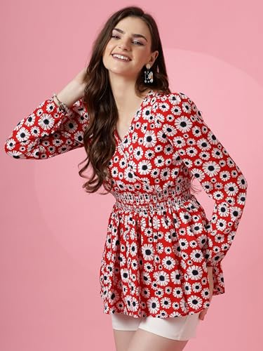 Image of Sheetal Associates Women's Crepe Puff Sleeves Peplum Top with Floral Printed Regular Fit Full Sleeve and V-Neck Maxi Length