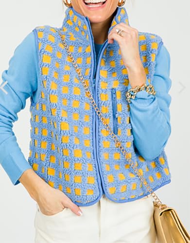 Mxiqqpltky Checkered Sherpa Vest for Women Y2k High Neck Zip Up Plaid Fleece Vest Fall Winter Lightweight Sleeveless Jacket2