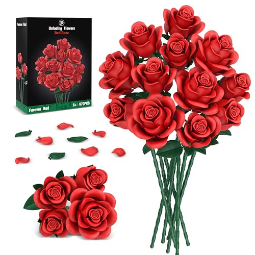 Red Roses Flower Bouquet Building Sets, 670Pcs Artificial Flowers Building Blocks Compatible with Lego Flowers for Adults Christmas Birthday Gifts for Women Mom Valentines Day Gifts