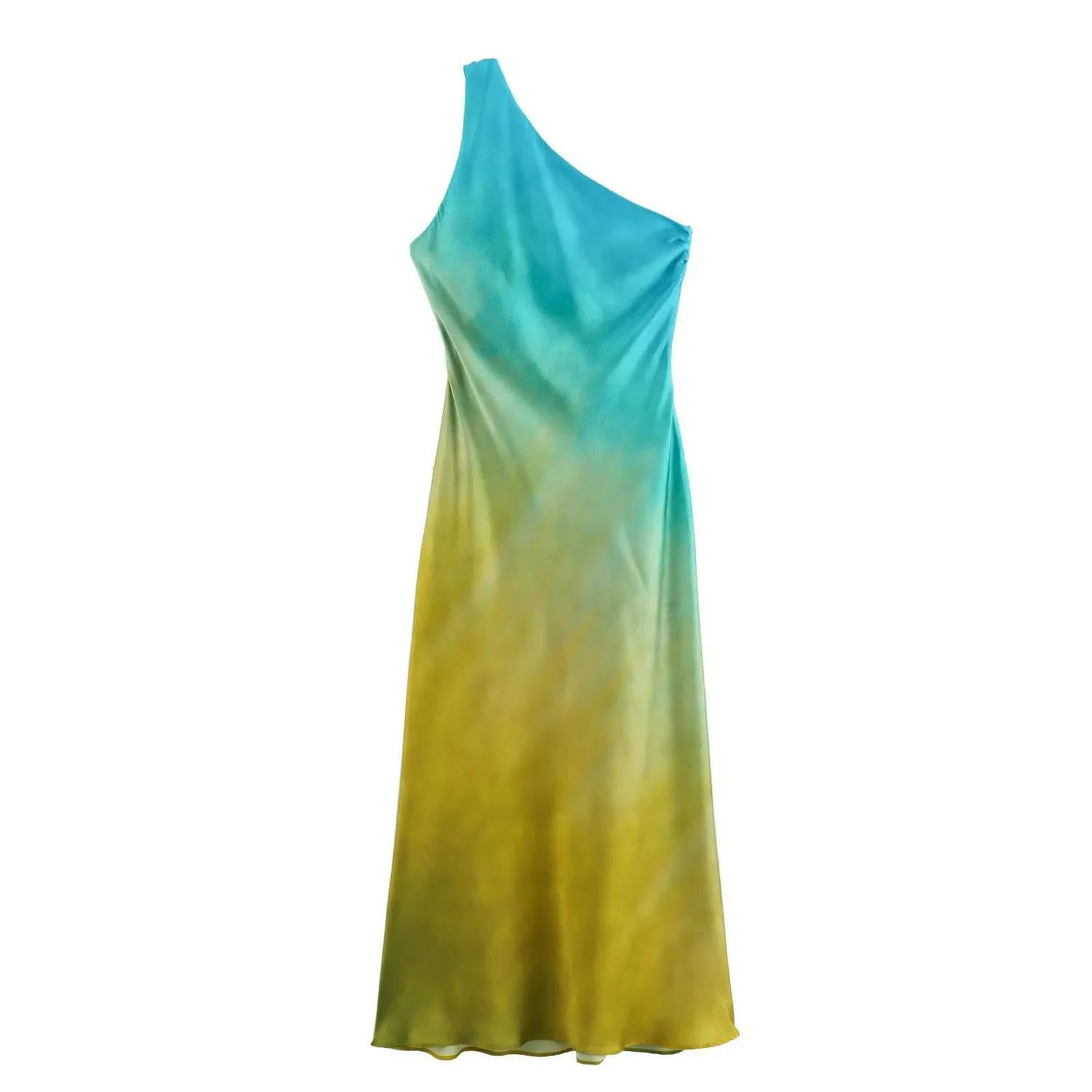 Abito Donna Invernale Cravatta Tintura Raso Donne Asimmetrico Fuori Spalla Midi Estate Nodo Senza Schienale Abiti Lunghi Maniche da Festa-colorante per Cravatta-l