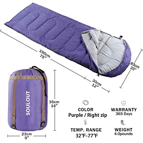 Envelope Sleeping Bag - 4 Seasons Warm Cold Weather Lightweight, Portable, Waterproof Compression Sack for Adults & Kids - Indoor & Outdoor Activities: Traveling, Camping, Backpacking, Hiking, Purple - Thumbnail 6